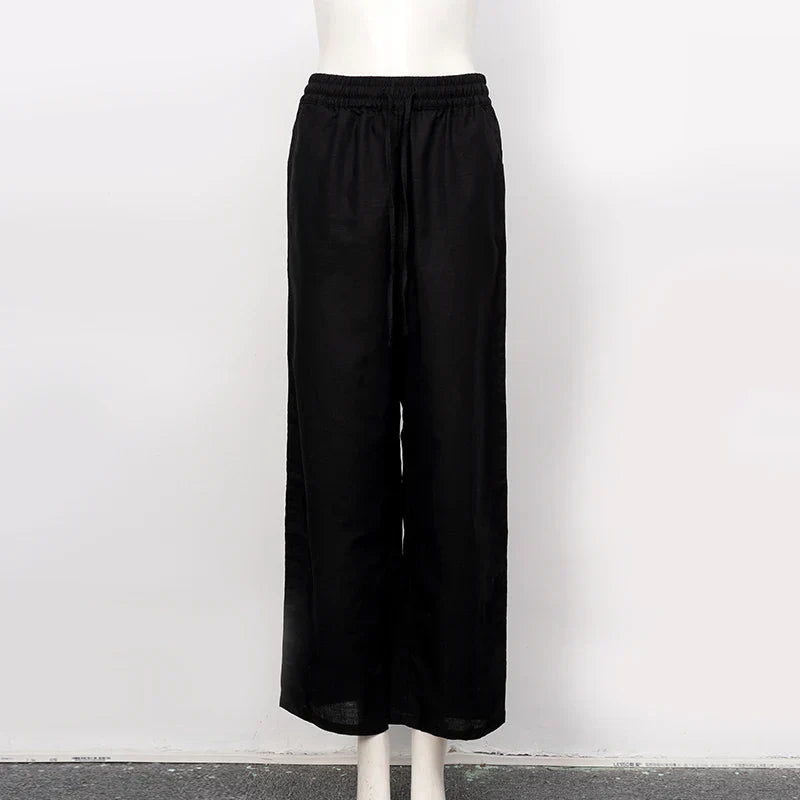FJØRNA women's cotton linen wide-leg trousers with drawstring, pull-on style, relaxed fit, perfect for casual or summer wear.