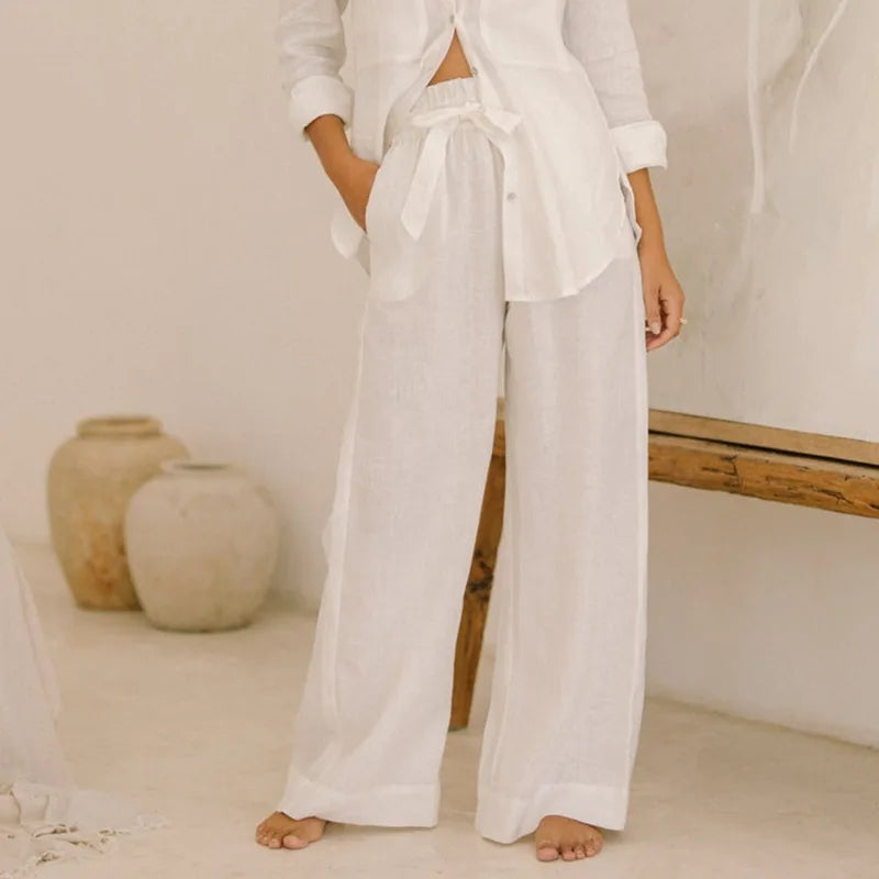FJØRNA linen wide-leg trousers for women, loose pull-on pants with a relaxed fit, light and breathable fabric, full-length view