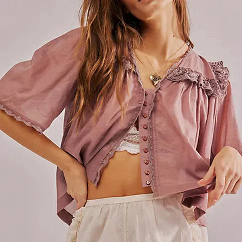 Cream cropped cotton blouse with lace trim for women by FJØRNA, featuring a stylish and feminine design.