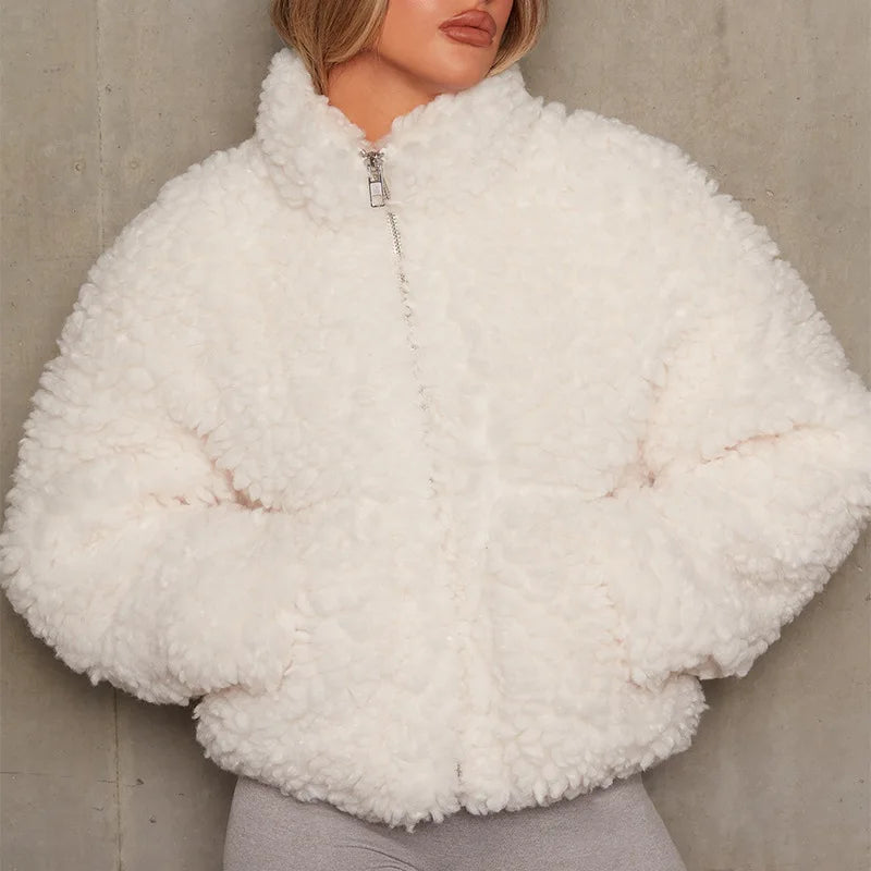 Sherpa Jacket Women Cropped Zip Stand Collar Winter
