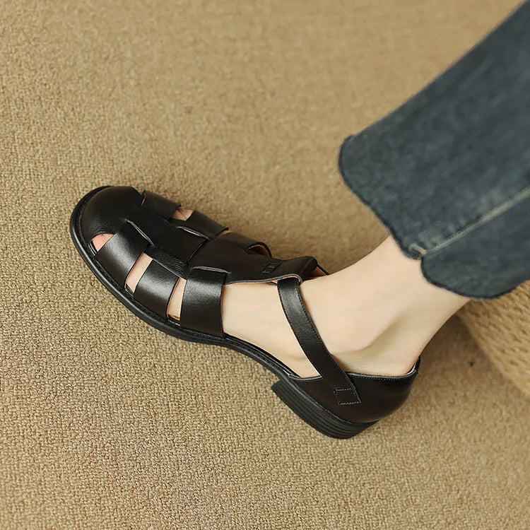 Brown Italian leather women's sandals with adjustable straps from FJØRNA, featuring a stylish open-toe design and comfortable fit.