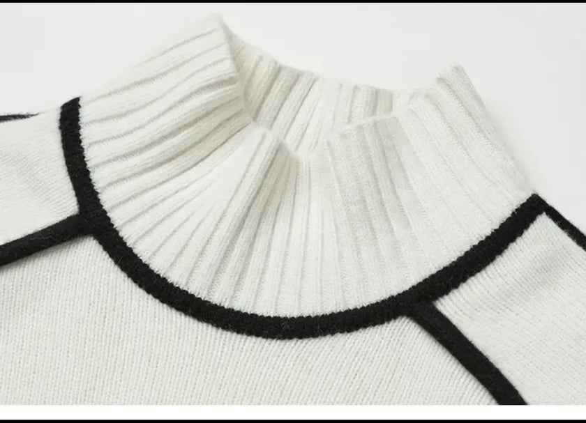 Turtleneck Sweater Women Contrast Seam Relaxed Fit