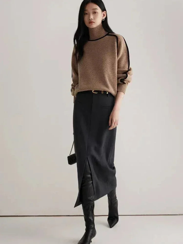 Turtleneck Sweater Women Contrast Seam Relaxed Fit