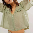 FJØRNA cream cropped cotton blouse with lace trim, women's white top featuring short sleeves and delicate detailing.