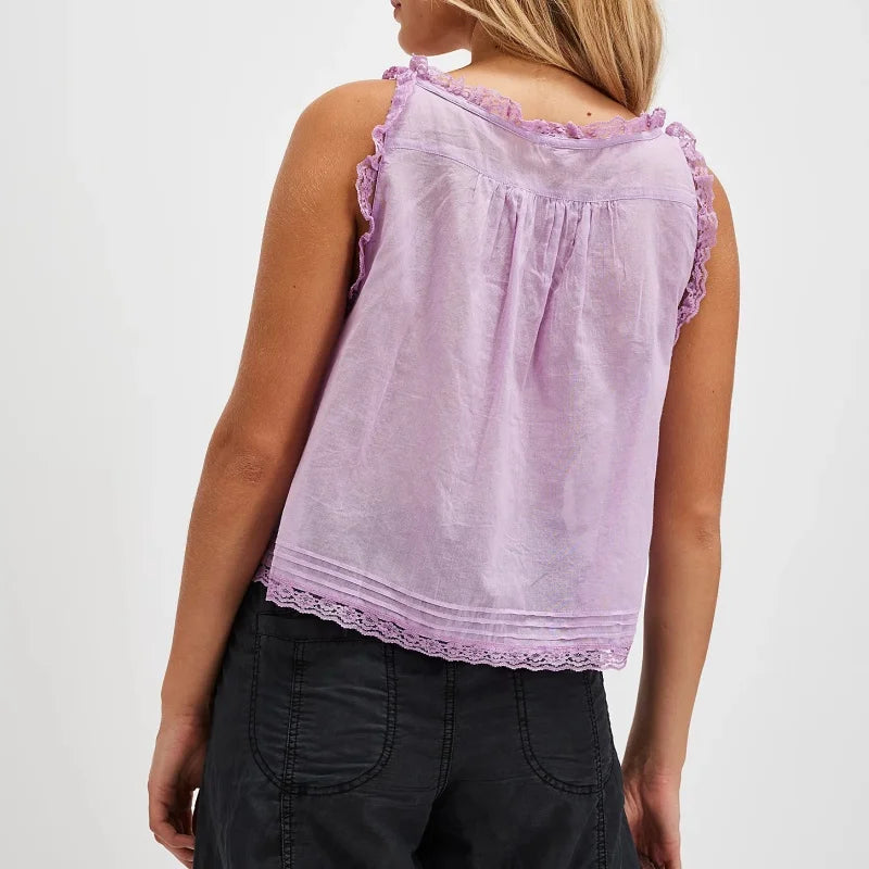 FJØRNA lace cami top with front tie, women's lace top featuring delicate fabric and stylish neckline, perfect for layered looks.