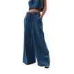 Blue denim wide-leg drawstring women's jeans by FJØRNA, relaxed fit with casual style and comfortable fit.