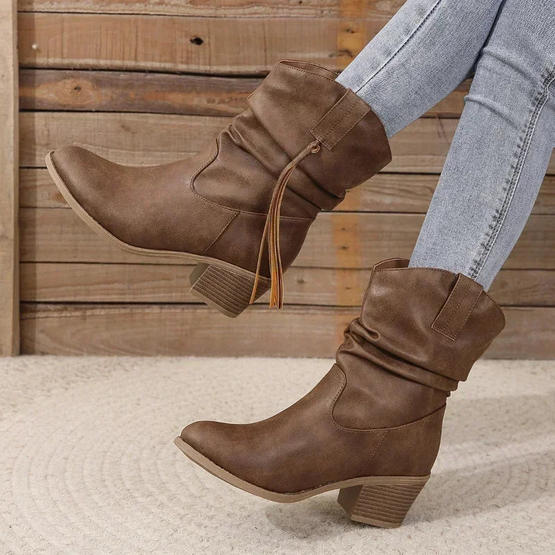 Slouchy Mid-Calf Western Boots with Braided Details Cowboy Boots for Women | Ulla