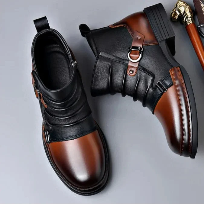 Ankle Boots Leather Side Zip Buckle Strap Layered Fold Winter Boots | Ines