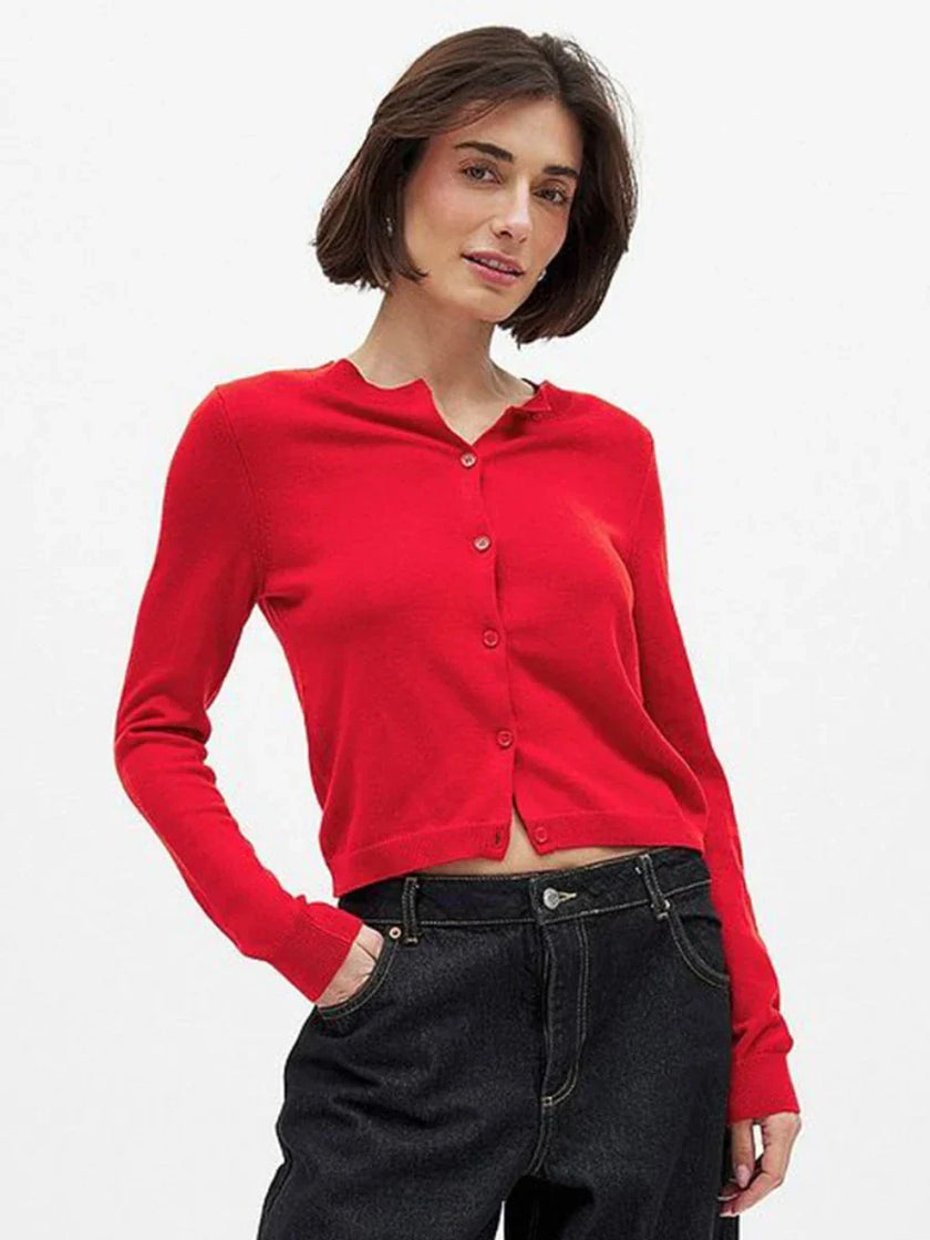 FJØRNA women's longline button-front knit cardigan, soft and cozy tops for women, with a relaxed fit and stylish design.