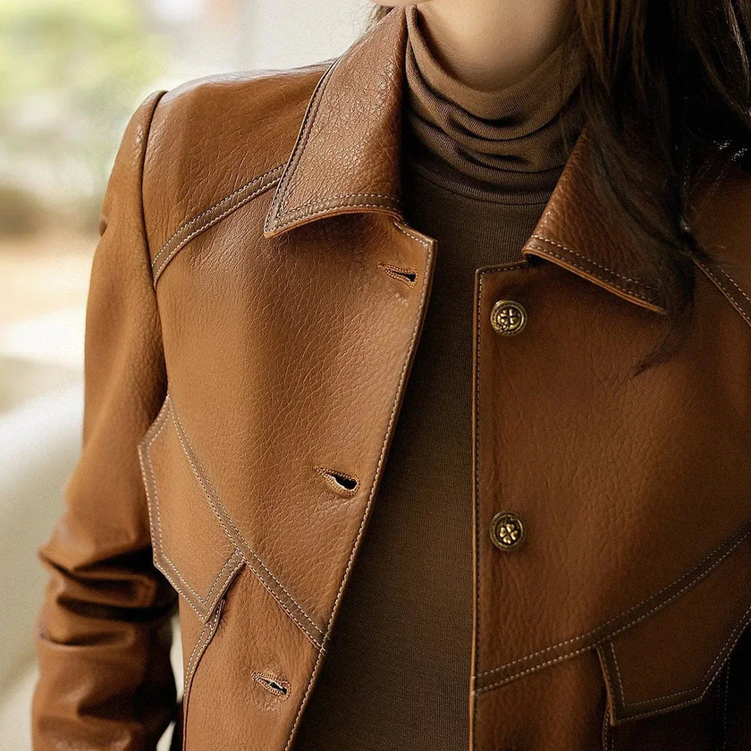 Faux Leather Jacket Women Utility Turn-Down Collar