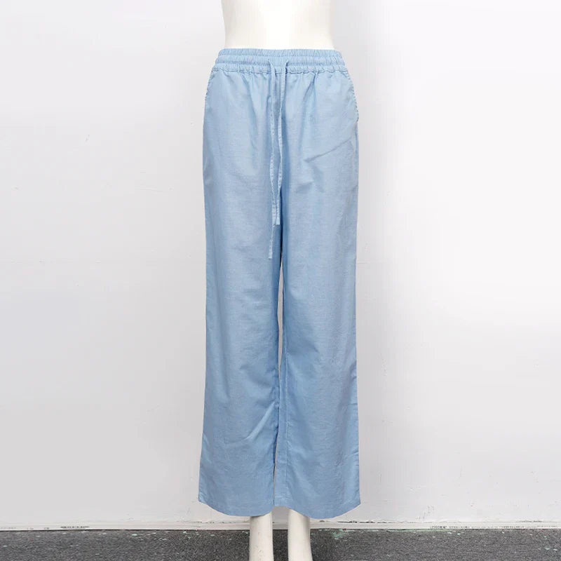 FJØRNA women's cotton linen wide-leg trousers with drawstring pull-on design, casual and comfortable for everyday wear.