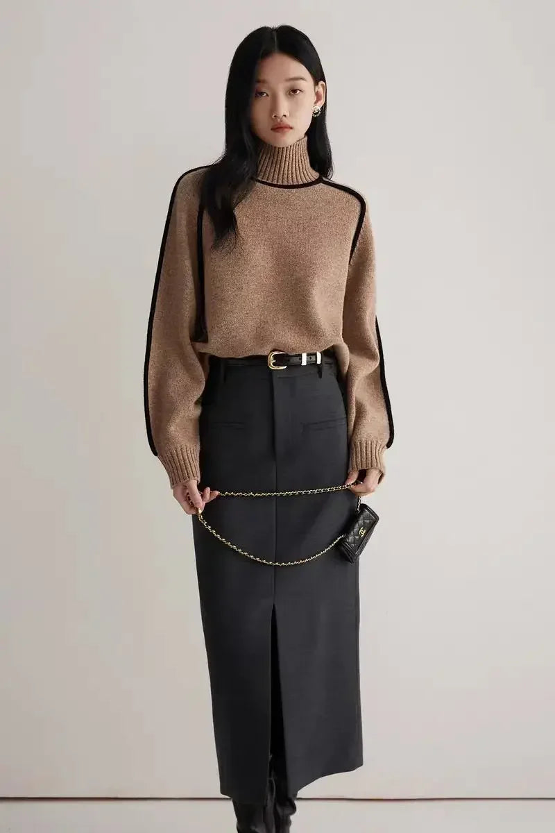 Turtleneck Sweater Women Contrast Seam Relaxed Fit