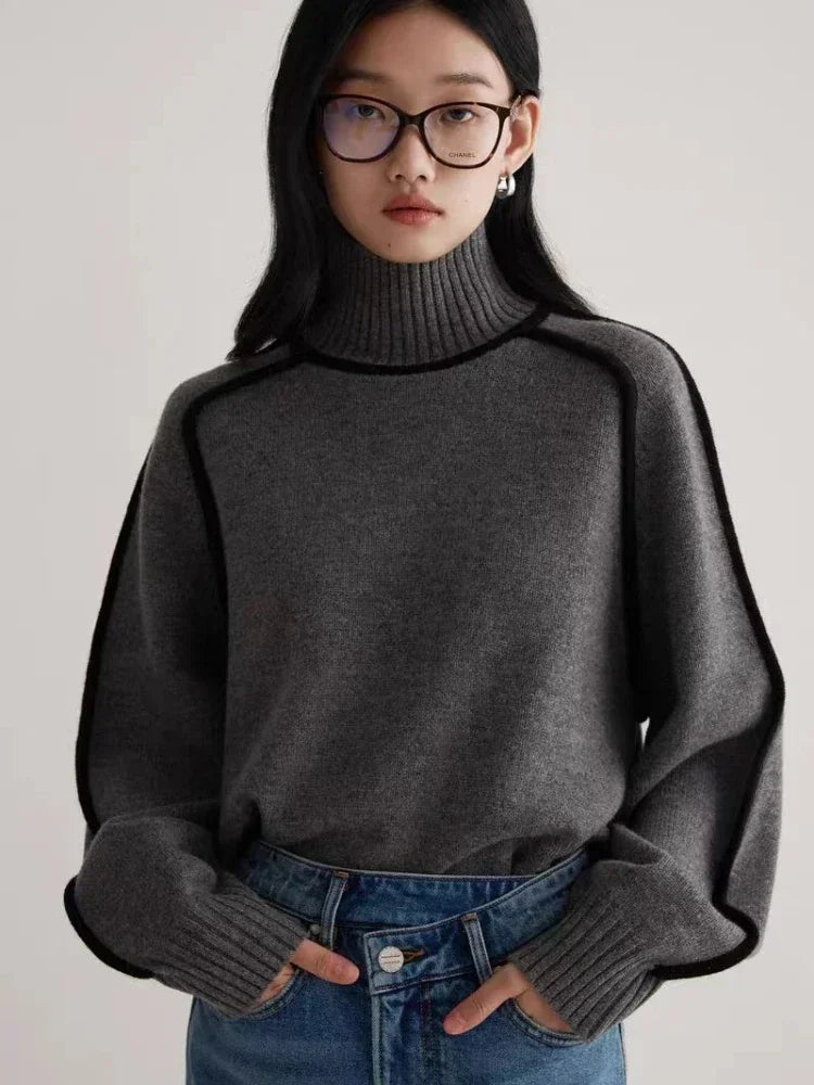 Turtleneck Sweater Women Contrast Seam Relaxed Fit