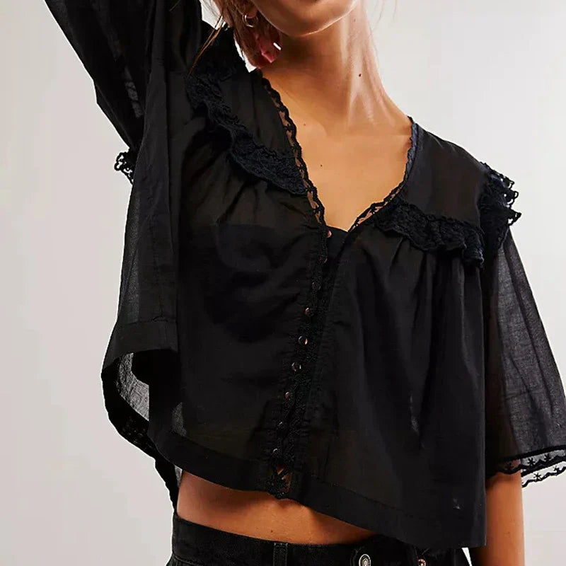 White cream cropped cotton blouse with lace trim for women, stylish FJØRNA top featuring delicate lace details.