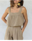 FJØRNA women's wide-leg linen cropped culotte trousers, lightweight and breathable linen pants in natural beige color.