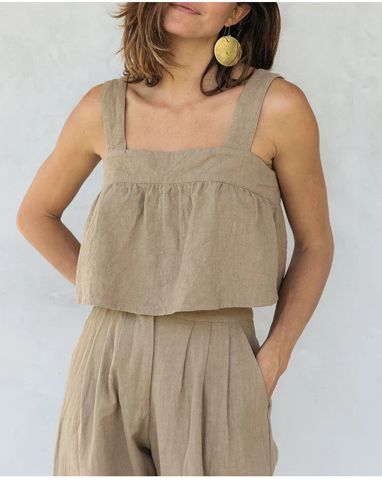 FJØRNA women's wide-leg linen cropped culotte trousers, lightweight and breathable linen pants in natural beige color.