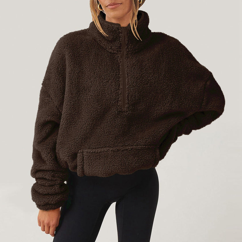 Plush Sweater Women Half Zip High Collar Relaxed Fit