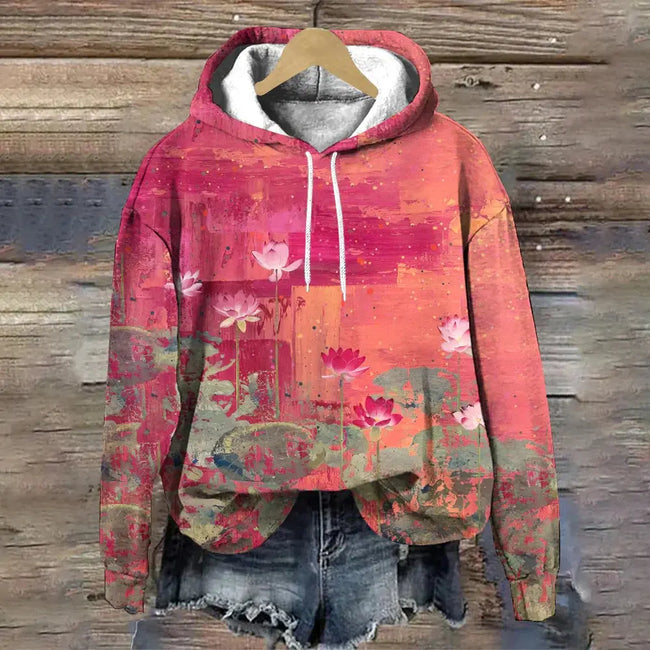 Susan | Women's Relaxed-Fit Floral Print Hooded Sweater with Ribbed Cuffs for Layering