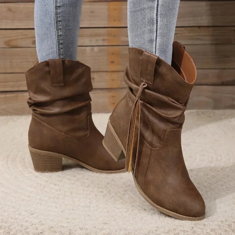 Slouchy Mid-Calf Western Boots with Braided Details Cowboy Boots for Women | Ulla