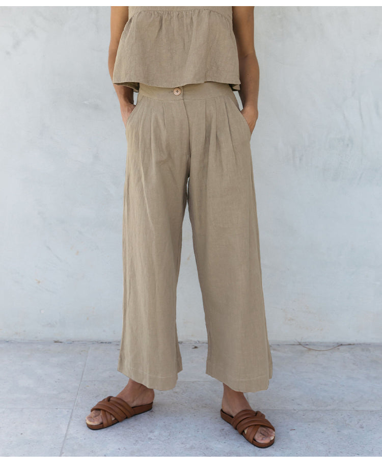 FJØRNA women's linen cropped culotte trousers with wide-leg design, natural beige fabric, stylish and comfortable for casual wear