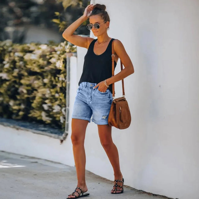 FJØRNA women's lightweight denim summer overalls with high waist and short length, casual and comfortable for warm weather.