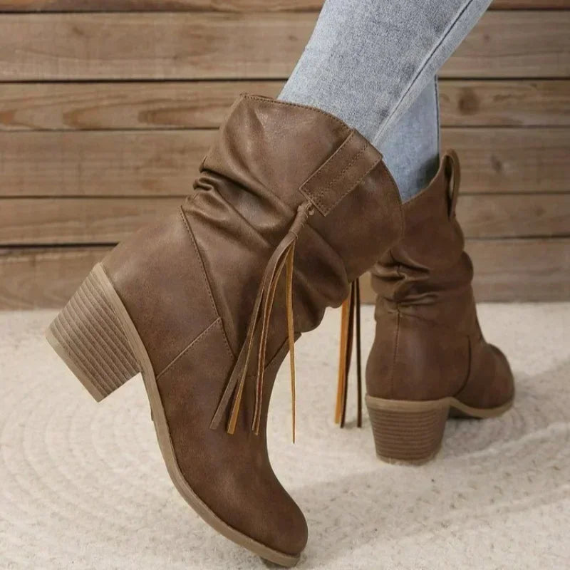 Slouchy Mid-Calf Western Boots with Braided Details Cowboy Boots for Women | Ulla