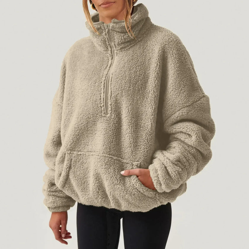 Plush Sweater Women Half Zip High Collar Relaxed Fit