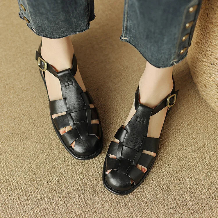 FJØRNA women's brown Italian leather adjustable strap sandals with open toe and flat sole, stylish and comfortable for summer wear.