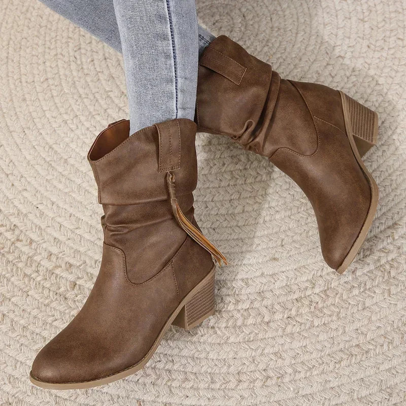 Slouchy Mid-Calf Western Boots with Braided Details Cowboy Boots for Women | Ulla