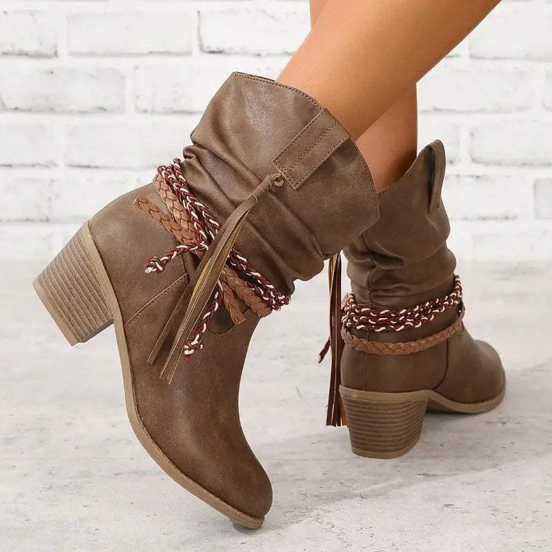 Slouchy Mid-Calf Western Boots with Braided Details Cowboy Boots for Women | Ulla