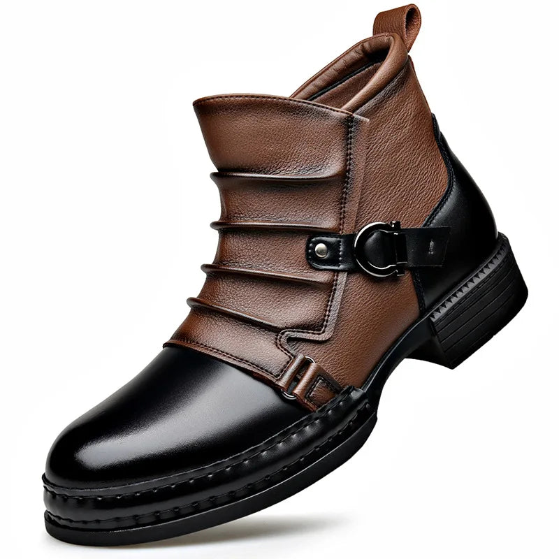 Ankle Boots Leather Side Zip Buckle Strap Layered Fold Winter Boots | Ines