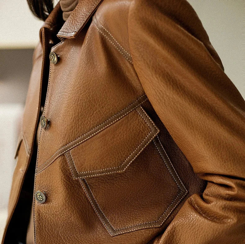 Faux Leather Jacket Women Utility Turn-Down Collar