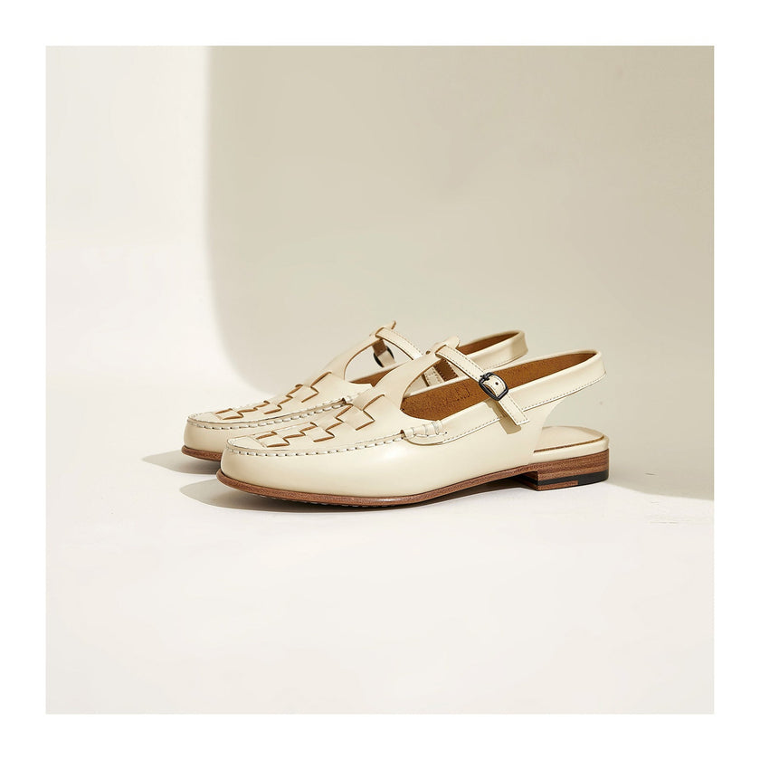 FJØRNA women's brown Italian leather woven slingback sandals with open toes and stylish ankle straps.