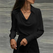 FJØRNA women's satin cowl-neck long-sleeve blouse in white, stylish and elegant top with a draped cowl neckline and smooth satin fabric.