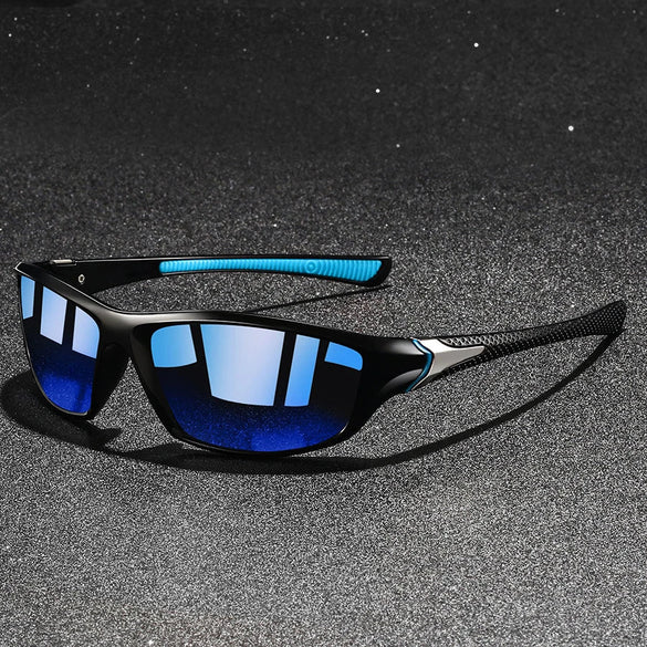 Men's polarized wraparound sunglasses by FJØRNA with UV400 protection, sporty design, and reflective lenses.