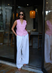 FJØRNA linen blend women's wide leg high waist trousers, stylish and comfortable pants with a relaxed fit and natural fabric.