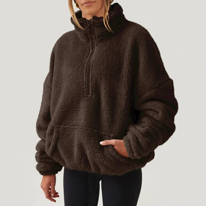 Plush Sweater Women Half Zip High Collar Relaxed Fit