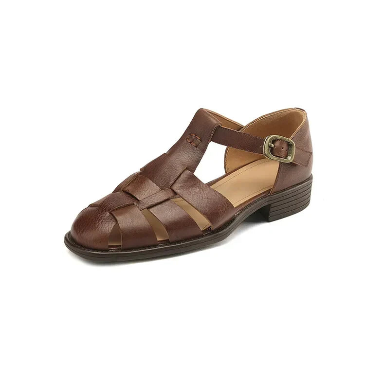 FJØRNA women's brown Italian leather adjustable strap sandals, stylish open-toe shoes with comfortable ankle straps.