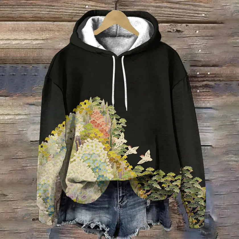 Susan | Women's Relaxed-Fit Floral Print Hooded Sweater with Ribbed Cuffs for Layering