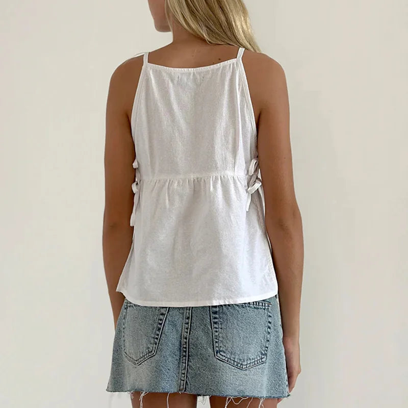 Cotton Blend Tank Top Women Bow Strap Sleeveless