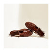 Brown Italian leather woven slingback sandals for women by FJØRNA, showcasing stylish woven detailing and classic sandal design.