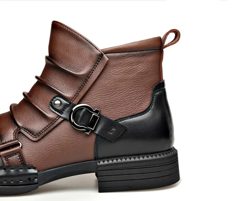 Ankle Boots Leather Side Zip Buckle Strap Layered Fold Winter Boots | Ines