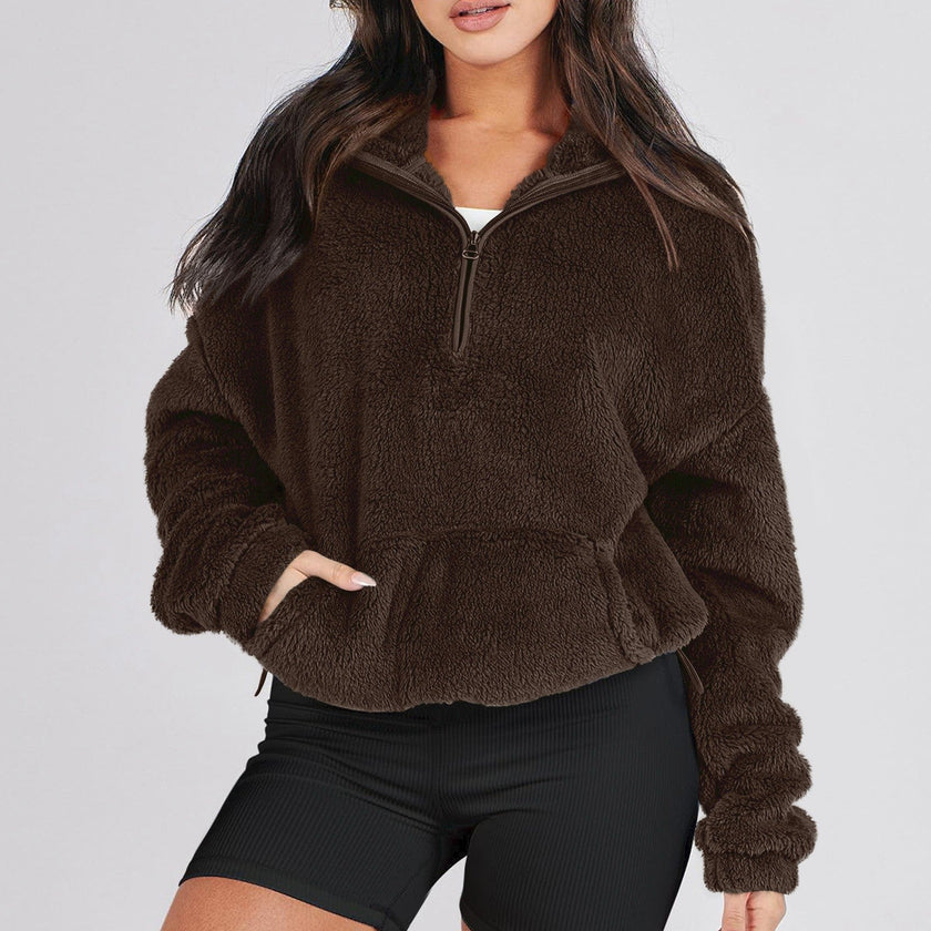 Plush Sweater Women Half Zip High Collar Relaxed Fit