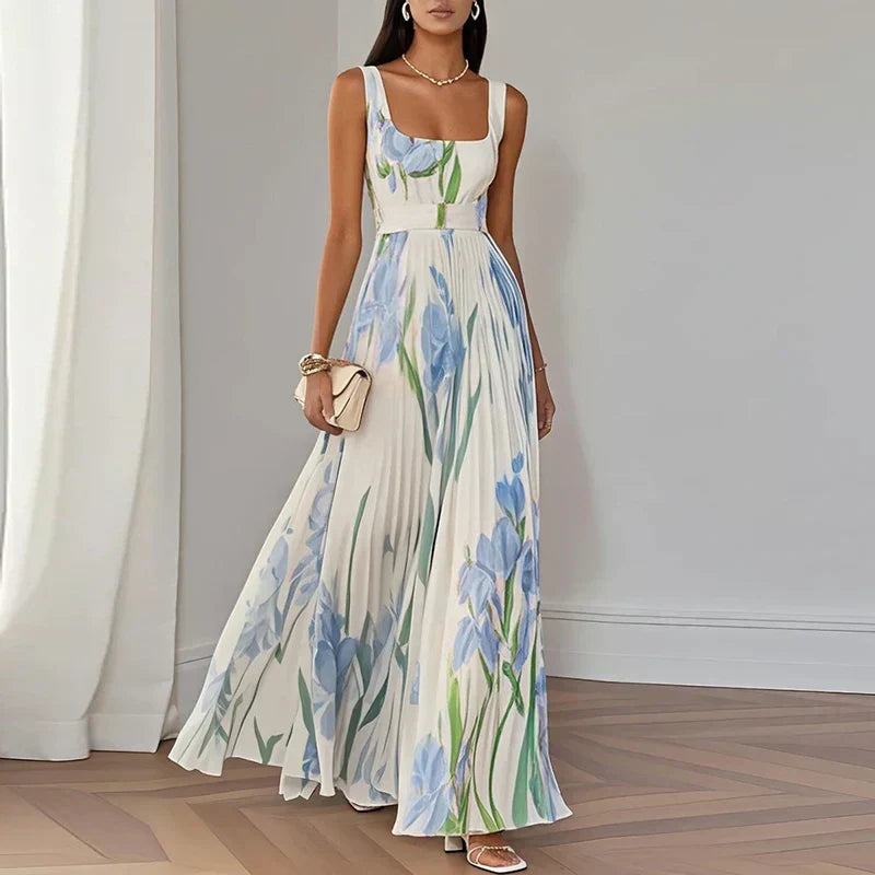 FJØRNA elegant floral maxi dress for women with A-line silhouette, lightweight fabric, and stylish design.