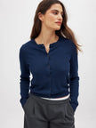 FJØRNA women's longline button-front knit cardigan, stylish women's top with a cozy, longline design and front buttons.