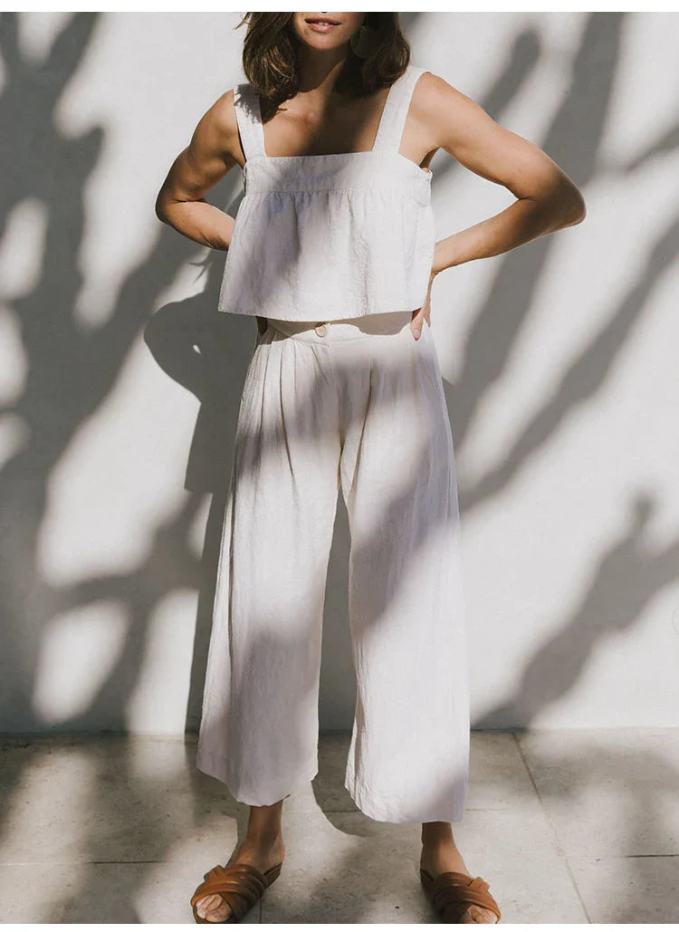 FJØRNA women's linen cropped culotte trousers with wide-leg fit, stylish lightweight linen pants for a casual, breezy look.