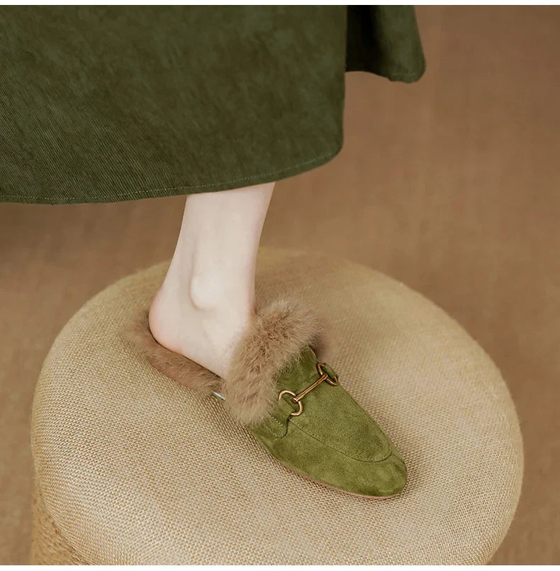 FJØRNA women's plush fur mule slippers with slip-on design and cozy lining, ideal for comfortable indoor footwear.