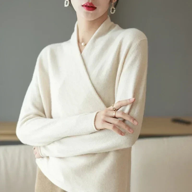 Wool Knit Sweater Women Cross-Bust Round Neck Long Sleeve