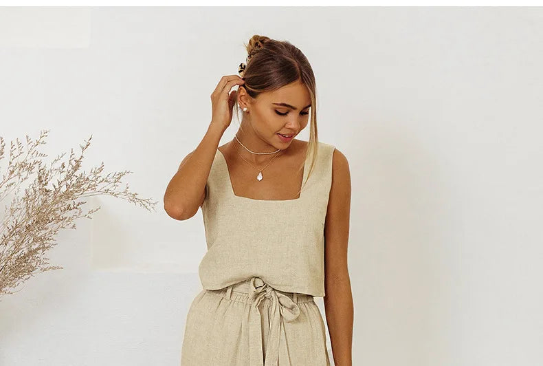 FJØRNA linen wide-leg women's trousers, loose pull-on pants with relaxed fit, natural breathable fabric, casual style.