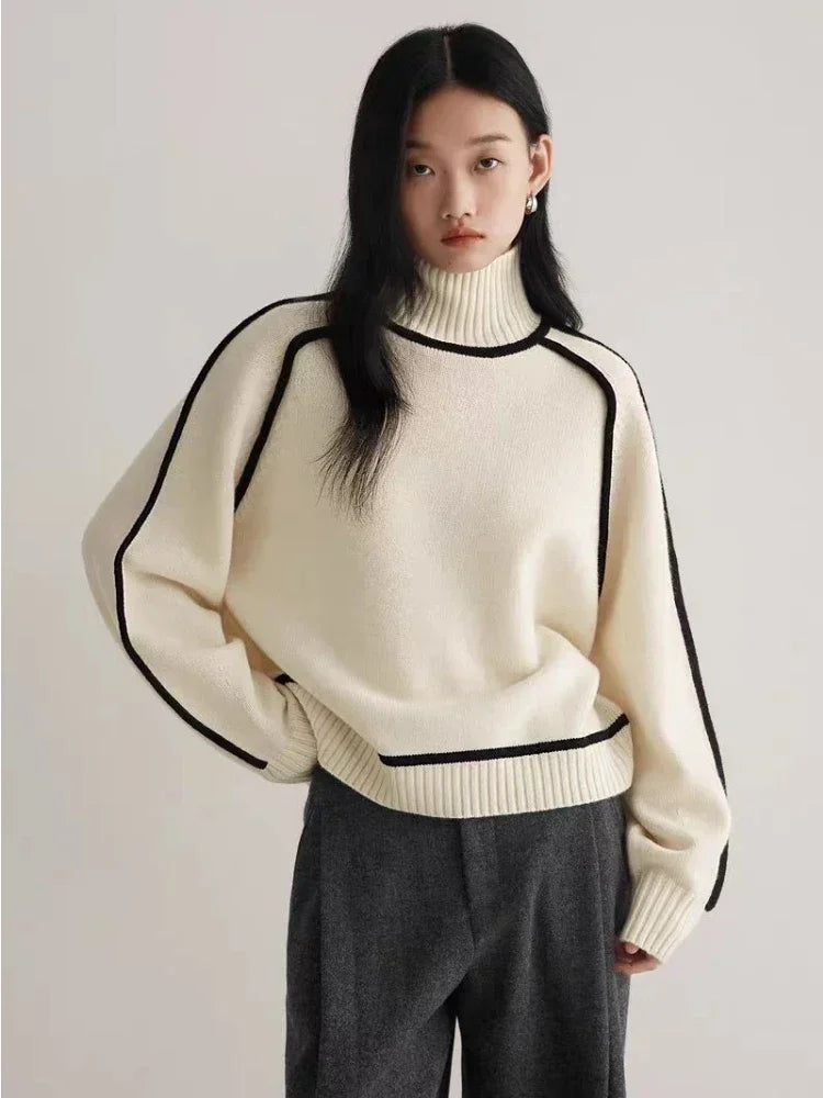 Turtleneck Sweater Women Contrast Seam Relaxed Fit